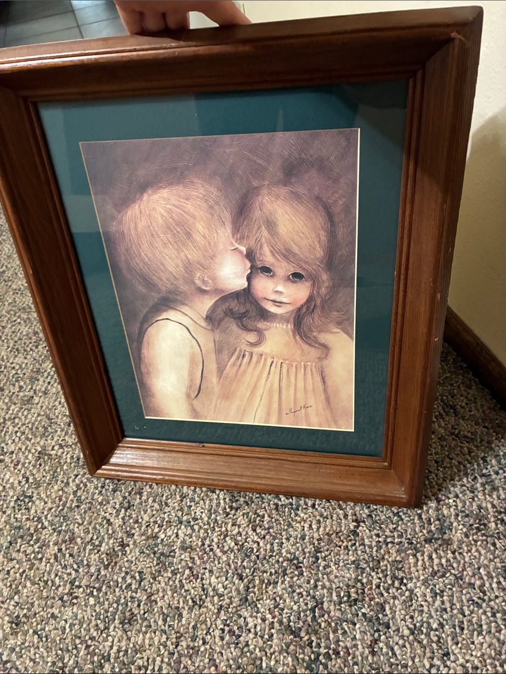 Framed Vintage-Style Child Portrait Wall Art in Teal and Brown